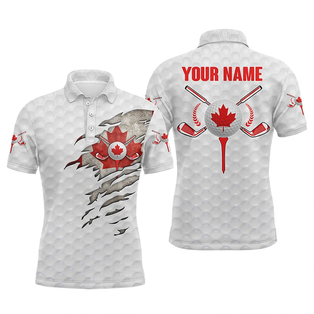 Golf Polo Shirts, Canadian Flag White Golf Ball Skin Mens Golf Polos Shirts Custom Patriot Golf Gift, Golf Shirt For Men, Custom Golf Shirts