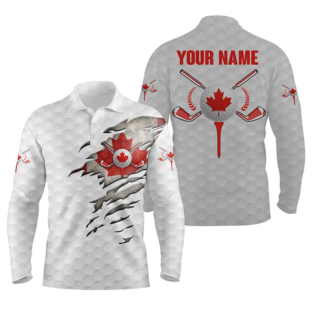 Golf Polo Shirts, Canadian Flag White Golf Ball Skin Mens Golf Polos Shirts Custom Patriot Golf Gift, Golf Shirt For Men, Custom Golf Shirts