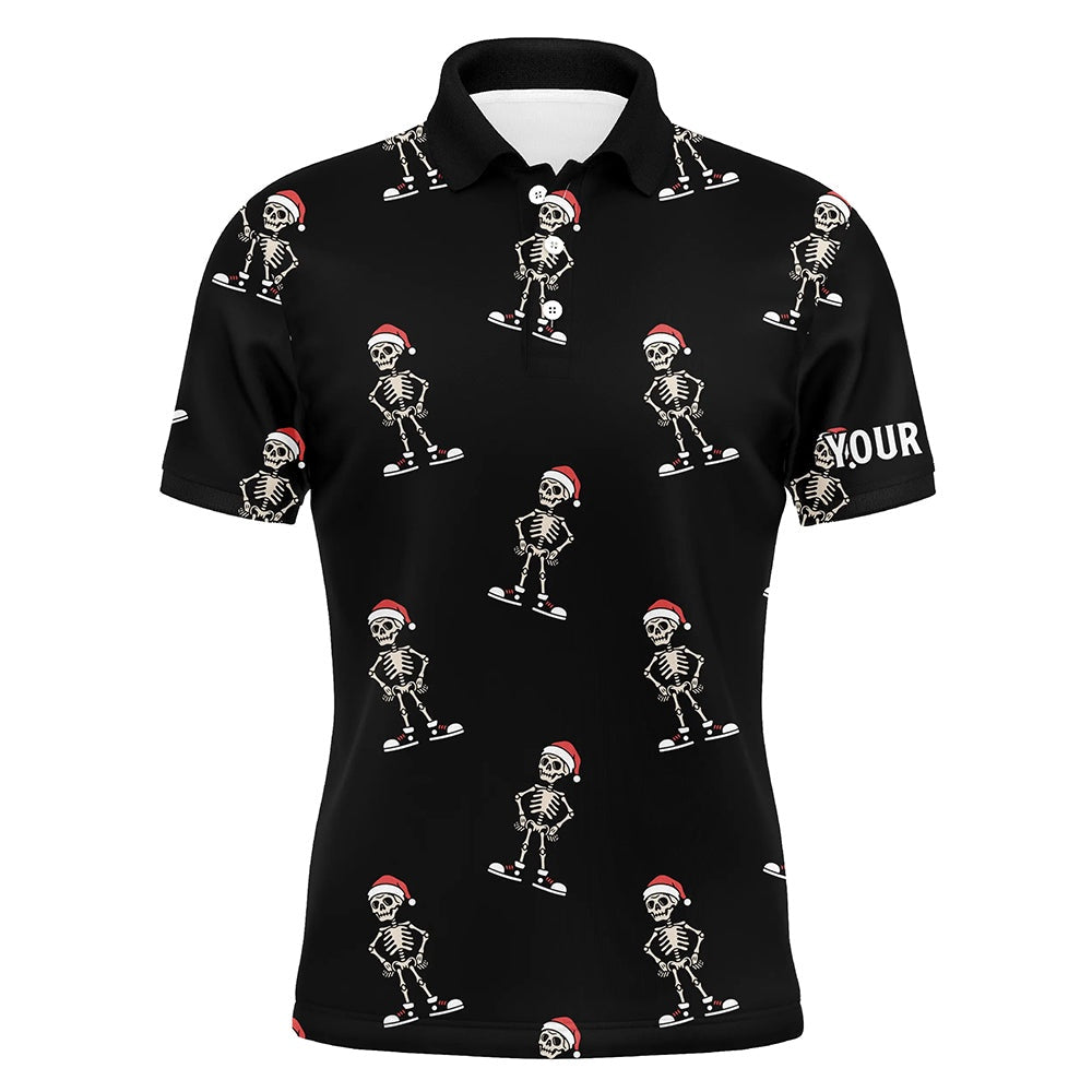 Golf Polo Shirts, Cartoon Skeleton With Santa Hat Christmas Mens Golf Polo Shirts Black Skull Golf Shirts For Men, Custom Golf Shirts