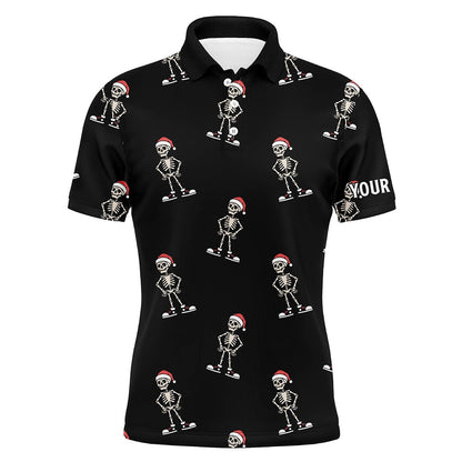 Golf Polo Shirts, Cartoon Skeleton With Santa Hat Christmas Mens Golf Polo Shirts Black Skull Golf Shirts For Men, Custom Golf Shirts