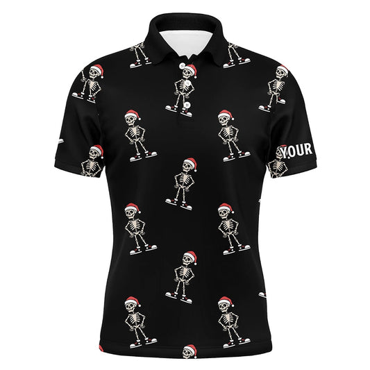 Golf Polo Shirts, Cartoon Skeleton With Santa Hat Christmas Mens Golf Polo Shirts Black Skull Golf Shirts For Men, Custom Golf Shirts