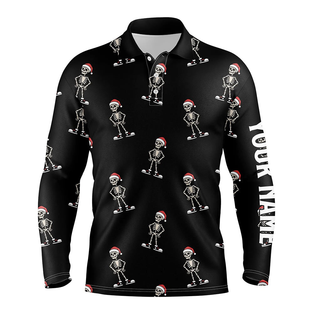 Golf Polo Shirts, Cartoon Skeleton With Santa Hat Christmas Mens Golf Polo Shirts Black Skull Golf Shirts For Men, Custom Golf Shirts