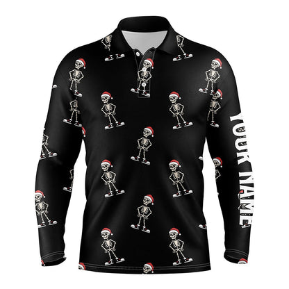 Golf Polo Shirts, Cartoon Skeleton With Santa Hat Christmas Mens Golf Polo Shirts Black Skull Golf Shirts For Men, Custom Golf Shirts