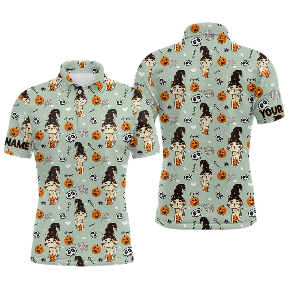 Golf Polo Shirts, Cat Seamless Halloween Pattern Green Mens Golf Polo Shirts Cute Halloween Golf Gifts For Men, Custom Golf Shirts
