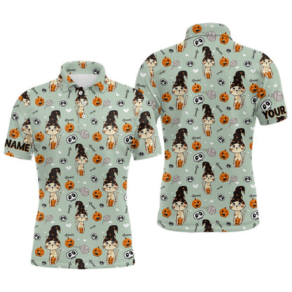Golf Polo Shirts, Cat Seamless Halloween Pattern Green Mens Golf Polo Shirts Cute Halloween Golf Gifts For Men, Custom Golf Shirts