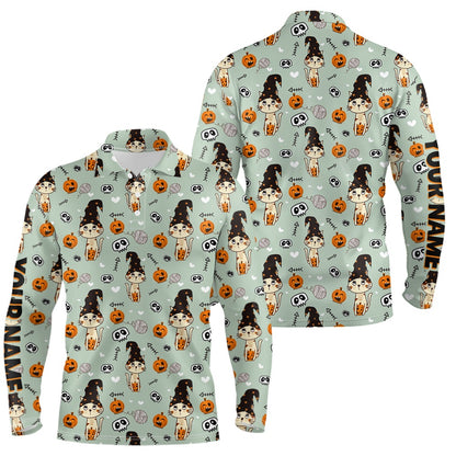 Golf Polo Shirts, Cat Seamless Halloween Pattern Green Mens Golf Polo Shirts Cute Halloween Golf Gifts For Men, Custom Golf Shirts