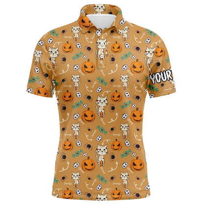 Golf Polo Shirts, Cat Seamless Halloween Pattern Orange Mens Golf Polo Shirts Cute Funny Golf Gifts For Men, Custom Golf Shirts
