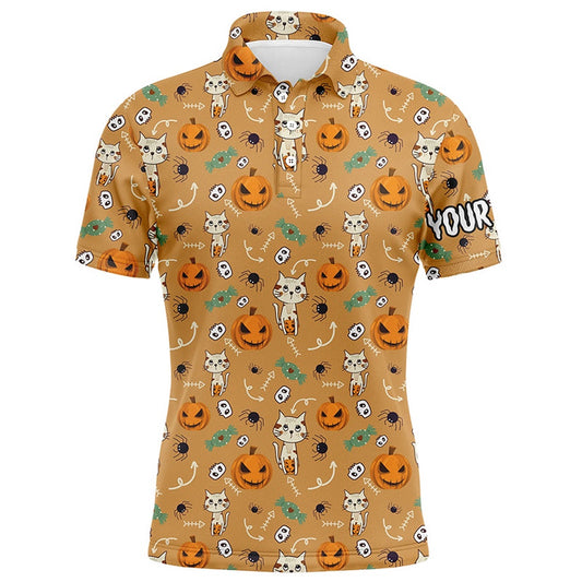 Golf Polo Shirts, Cat Seamless Halloween Pattern Orange Mens Golf Polo Shirts Cute Funny Golf Gifts For Men, Custom Golf Shirts