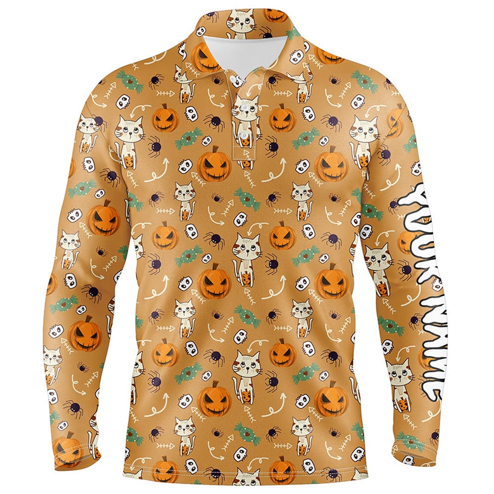 Golf Polo Shirts, Cat Seamless Halloween Pattern Orange Mens Golf Polo Shirts Cute Funny Golf Gifts For Men, Custom Golf Shirts