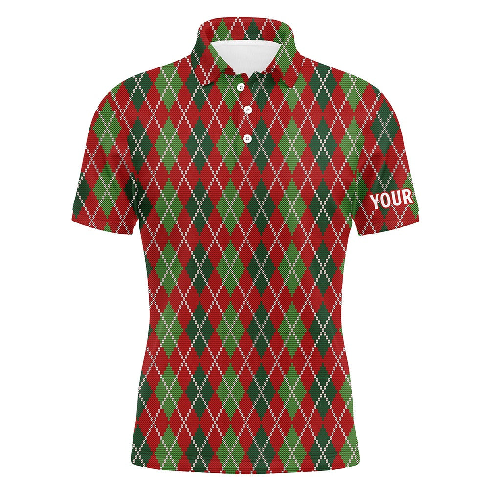 Golf Polo Shirts, Christmas Argyle Knitted Mens Golf Polo Shirt Red Green All Over Print Golf Shirt For Men, Custom Golf Shirts