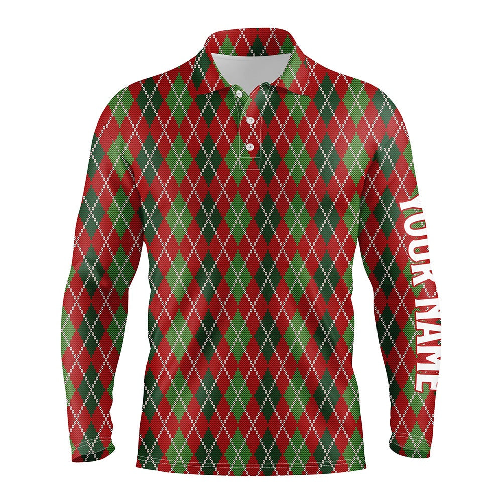 Golf Polo Shirts, Christmas Argyle Knitted Mens Golf Polo Shirt Red Green All Over Print Golf Shirt For Men, Custom Golf Shirts