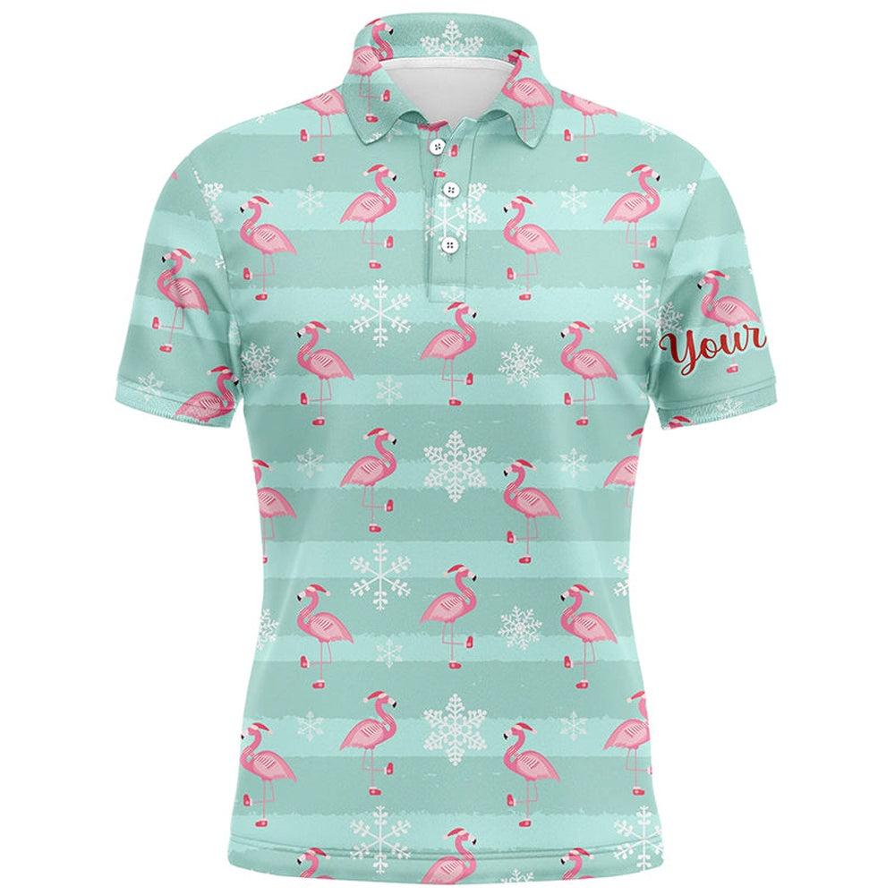 Golf Polo Shirts, Christmas Cute Pink Flamingo Green Mens Golf Polo Shirt Custom Funny Golf Shirts For Men, Custom Golf Shirts