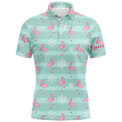 Golf Polo Shirts, Christmas Cute Pink Flamingo Green Mens Golf Polo Shirt Custom Funny Golf Shirts For Men, Custom Golf Shirts