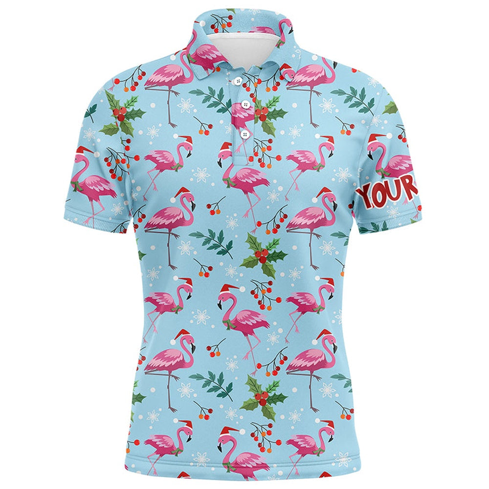 Golf Polo Shirts, Christmas Flamingo Blue Tropical Mens Golf Polo Shirt Best Xmas Golf Gift Idea For Men, Custom Golf Shirts