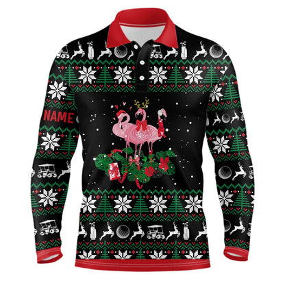 Golf Polo Shirts, Christmas Flamingo Mens Golf Polo Shirt Custom Golf Gifts For Men Personalized Men Golf Tops, Custom Golf Shirts