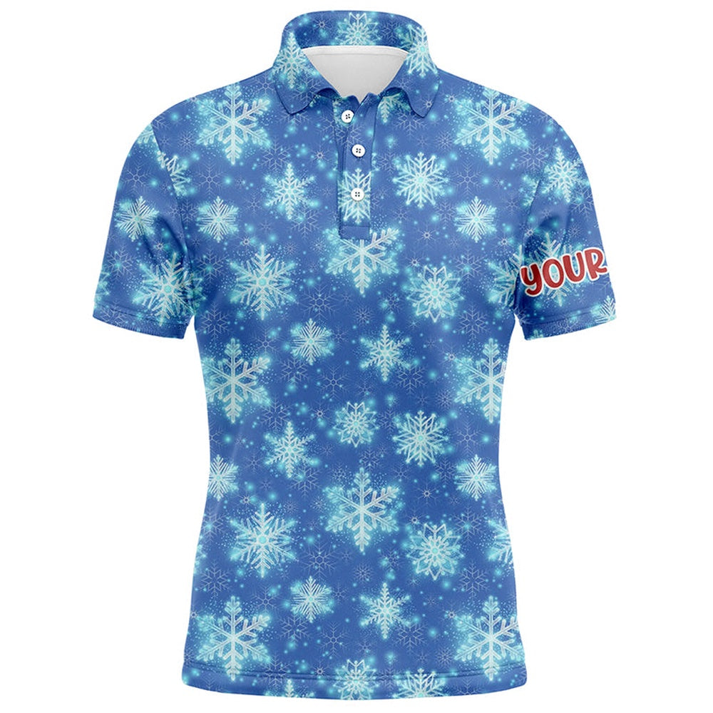 Golf Polo Shirts, Christmas Glitter With Snowflakes Blue Golf Mens Polo Shirts Custom Christmas Golf Gifts For Men, Custom Golf Shirts