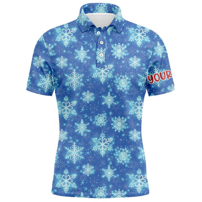 Golf Polo Shirts, Christmas Glitter With Snowflakes Blue Golf Mens Polo Shirts Custom Christmas Golf Gifts For Men, Custom Golf Shirts