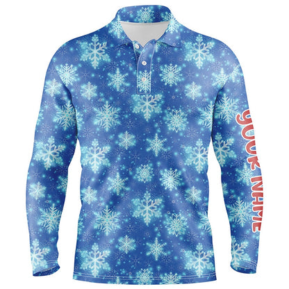 Golf Polo Shirts, Christmas Glitter With Snowflakes Blue Golf Mens Polo Shirts Custom Christmas Golf Gifts For Men, Custom Golf Shirts