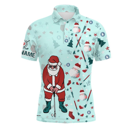 Golf Polo Shirts, Christmas Golf Pattern Mint Mens Polo Shirts Santa Playing Golf Tops For Men Christmas Golf Gifts, Custom Golf Shirts