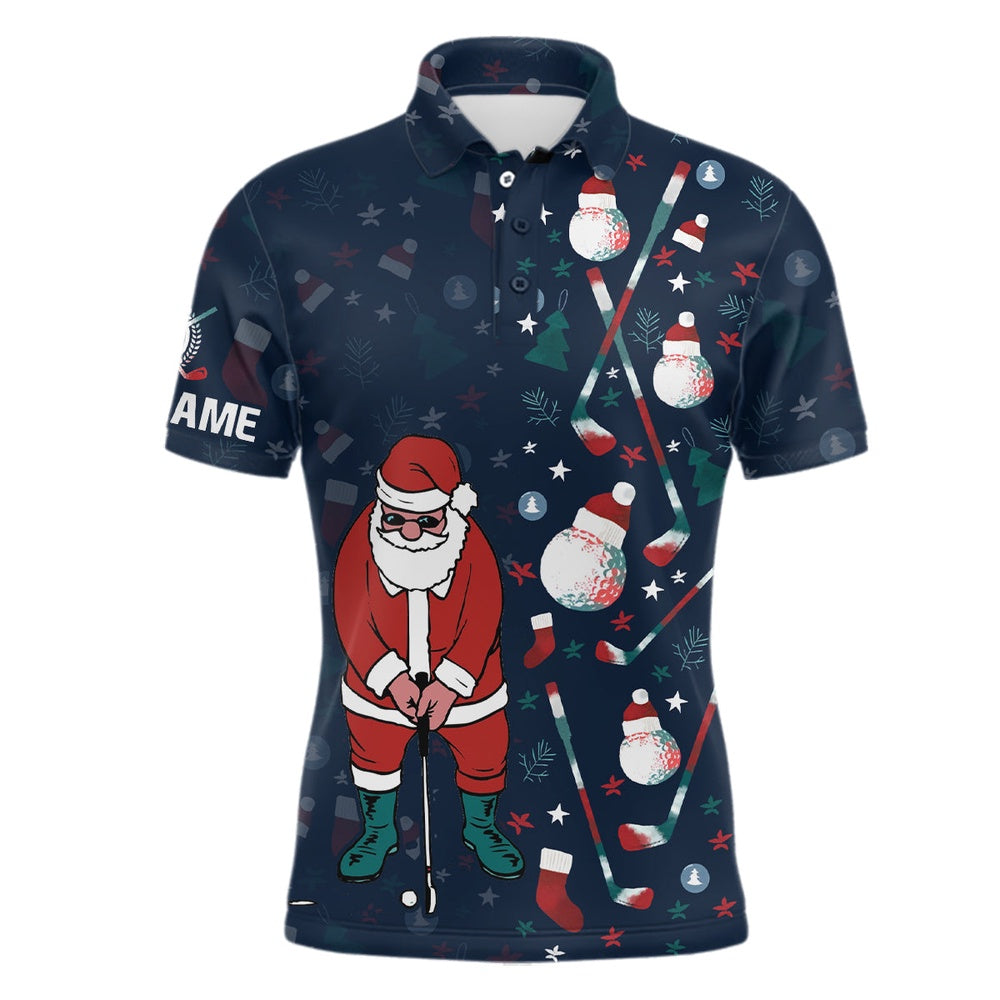 Golf Polo Shirts, Christmas Golf Pattern Navy Mens Polo Shirts Santa Playing Golf Tops For Men Christmas Golf Gifts, Custom Golf Shirts