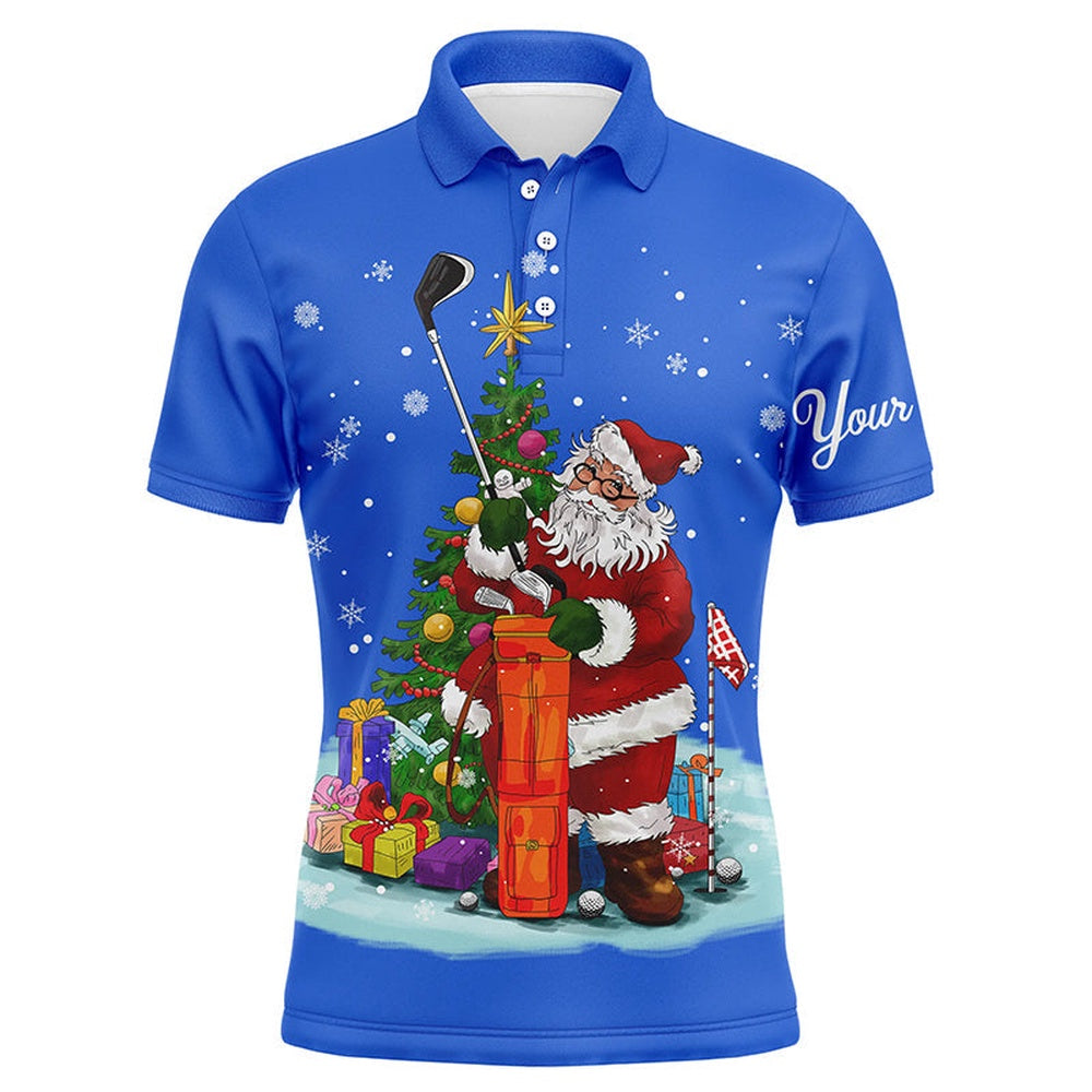 Golf Polo Shirts, Christmas Golf Shirts Custom Name Mens Golf Polo Shirt - Santa Golfer Christmas Golf Gifts Blue, Custom Golf Shirts