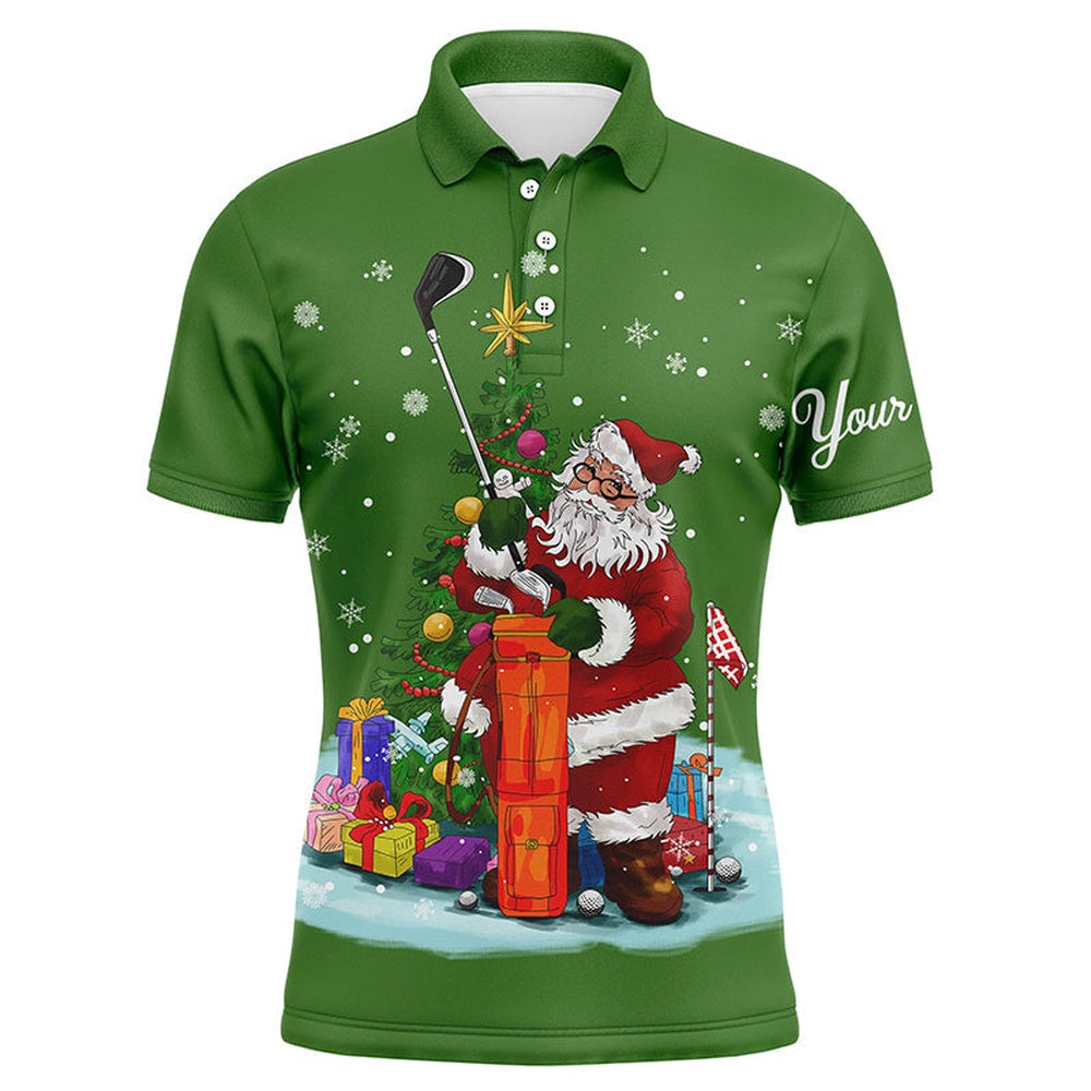 Golf Polo Shirts, Christmas Golf Shirts Custom Name Mens Golf Polo Shirt - Santa Golfer Christmas Golf Gifts Green, Custom Golf Shirts