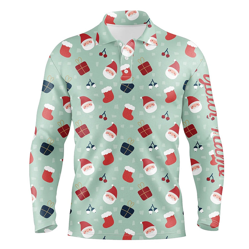 Golf Polo Shirts, Christmas Pattern With Gifts And Santa Golf Men Polo Shirts Light Green Golf Shirts For Men, Custom Golf Shirts