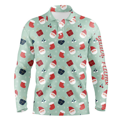 Golf Polo Shirts, Christmas Pattern With Gifts And Santa Golf Men Polo Shirts Light Green Golf Shirts For Men, Custom Golf Shirts