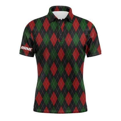 Golf Polo Shirts, Christmas Plaid Argyle Pattern Men Golf Polo Shirts Custom Name Golf Gifts For Men, Custom Golf Shirts