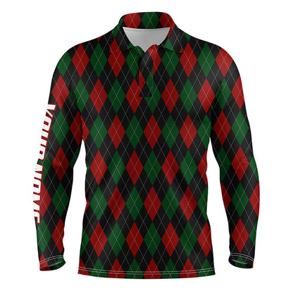 Golf Polo Shirts, Christmas Plaid Argyle Pattern Men Golf Polo Shirts Custom Name Golf Gifts For Men, Custom Golf Shirts