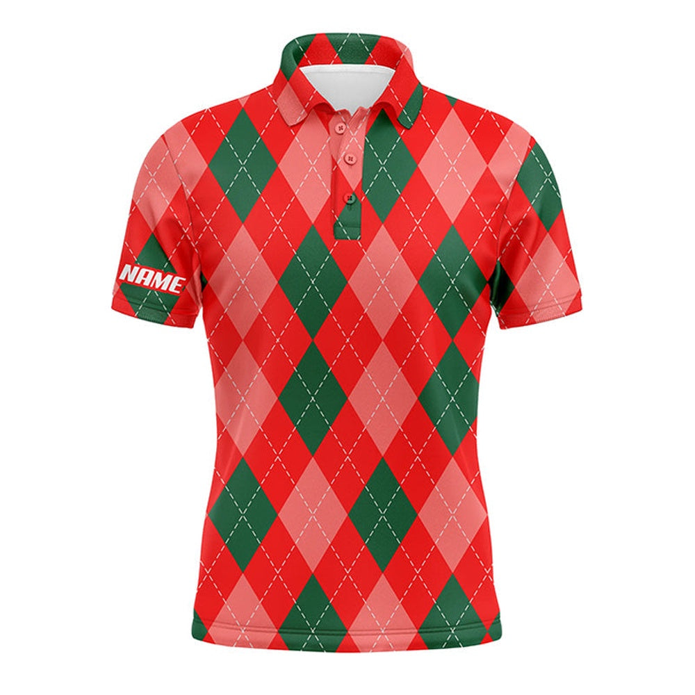 Golf Polo Shirts, Christmas Plaid Argyle Red Pattern Men Golf Polo Shirts Custom Name Christmas Golf Gifts For Men, Custom Golf Shirts
