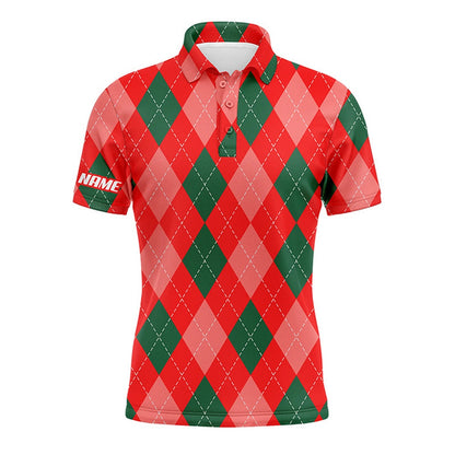 Golf Polo Shirts, Christmas Plaid Argyle Red Pattern Men Golf Polo Shirts Custom Name Christmas Golf Gifts For Men, Custom Golf Shirts