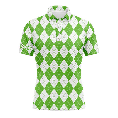 Golf Polo Shirts, Christmas Plaid Green And White Argyle Pattern Men Golf Polo Shirts Custom Name Golf Gifts For Men, Custom Golf Shirts
