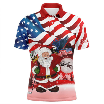 Golf Polo Shirts, Christmas Santa American Flag Patriotic Custom Mens Golf Polo Shirts, Xmas Us Flag Golf Shirts Men, Custom Golf Shirts