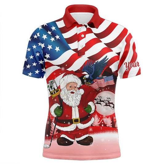 Golf Polo Shirts, Christmas Santa American Flag Patriotic Custom Mens Golf Polo Shirts, Xmas Us Flag Golf Shirts Men, Custom Golf Shirts