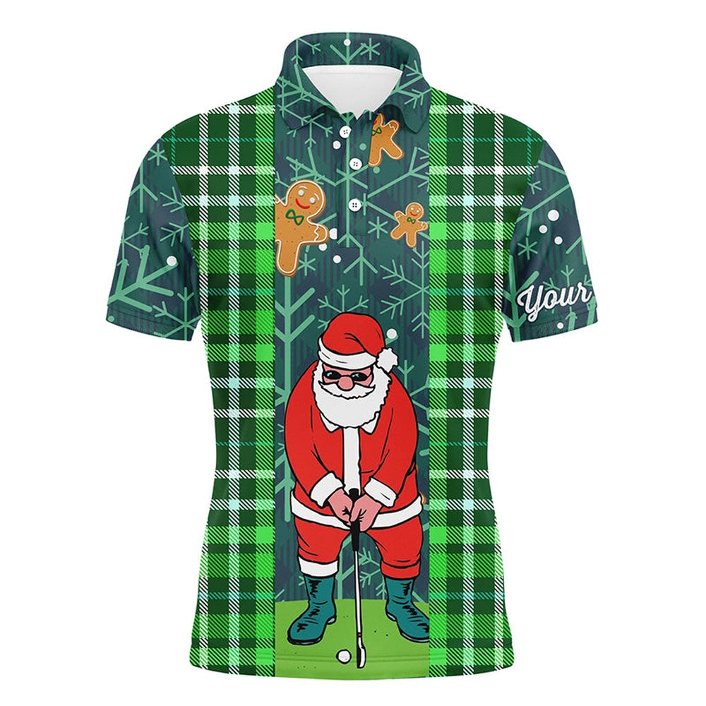 Golf Polo Shirts, Christmas Santa Golf Mens Polo Shirt Flannel Plaid Pattern Green Golf Shirts For Men Golf Gifts, Custom Golf Shirts