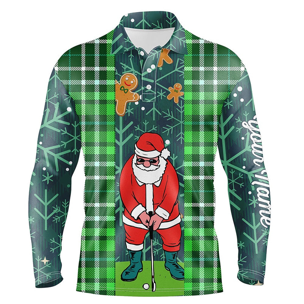 Golf Polo Shirts, Christmas Santa Golf Mens Polo Shirt Flannel Plaid Pattern Green Golf Shirts For Men Golf Gifts, Custom Golf Shirts