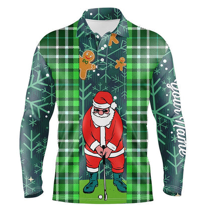 Golf Polo Shirts, Christmas Santa Golf Mens Polo Shirt Flannel Plaid Pattern Green Golf Shirts For Men Golf Gifts, Custom Golf Shirts