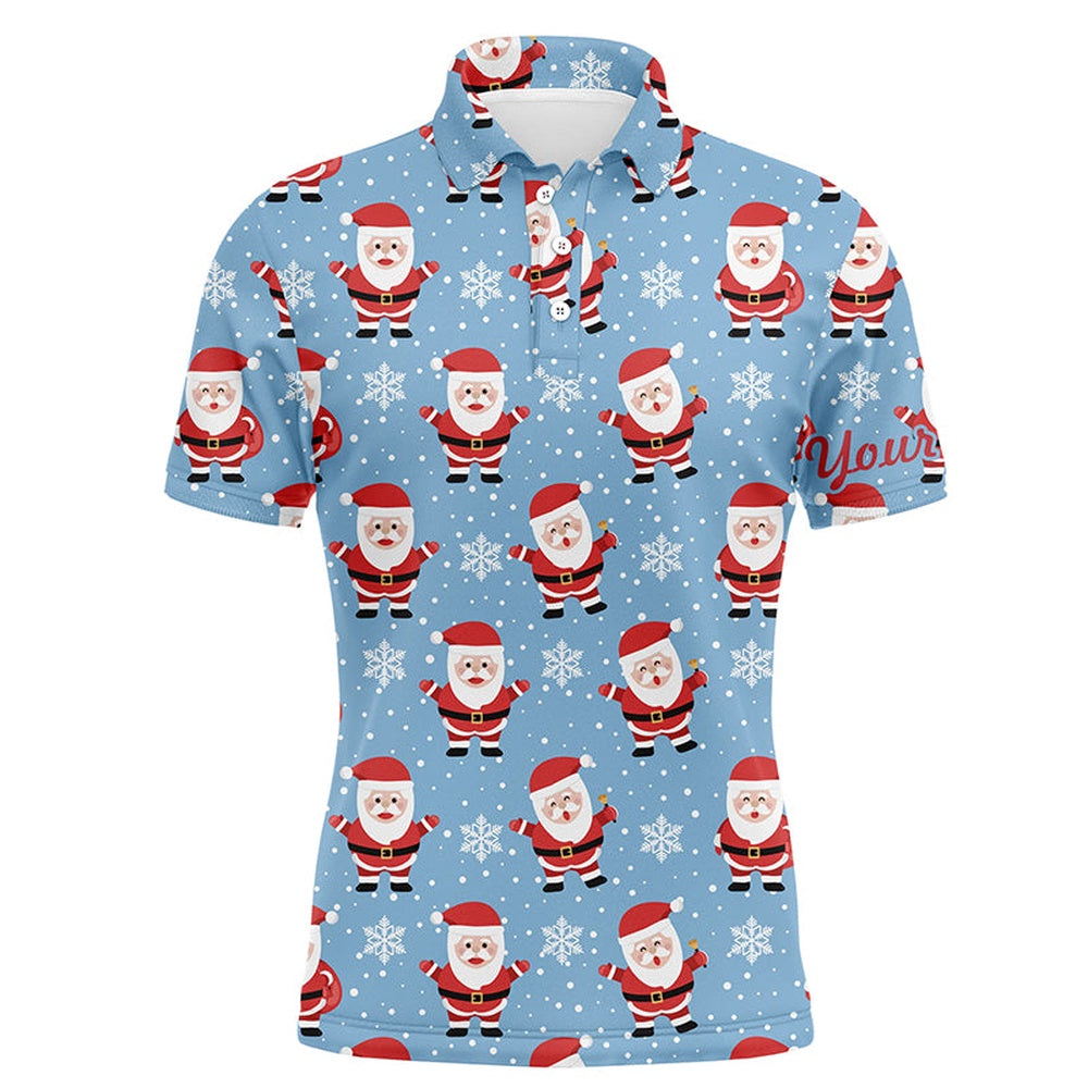 Golf Polo Shirts, Christmas Santa Snowflakes Mens Golf Polo Shirts Blue Custom Name Funny Golf Gifts For Men, Custom Golf Shirts