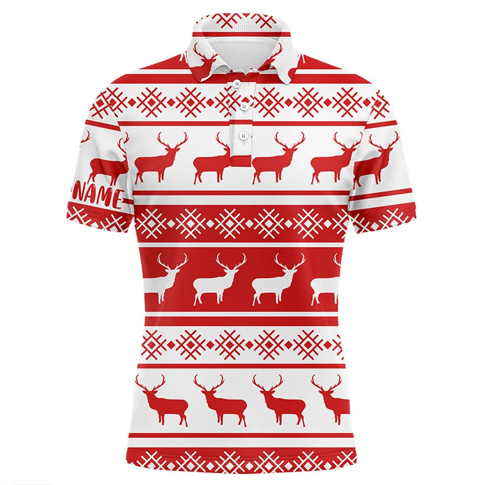 Golf Polo Shirts, Christmas Seamless Pattern With Deer Red White Mens Golf Polo Shirts Custom Golf Shirts For Men, Custom Golf Shirts