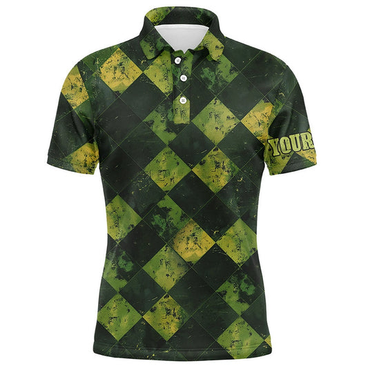 Golf Polo shirts, Green And Yellow Argyle Grunge Pattern Men Golf Polo Shirts Custom Golf Apparel For Men Golf Tops