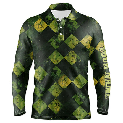 Golf Polo shirts, Green And Yellow Argyle Grunge Pattern Men Golf Polo Shirts Custom Golf Apparel For Men Golf Tops