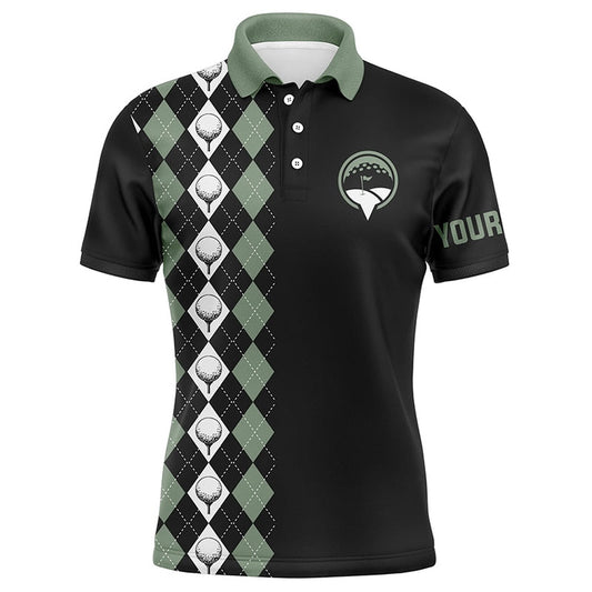 Golf Polo shirts, Green Argyle Pattern Black Mens Golf Polo Shirts Custom Name Golf Tops For Mens