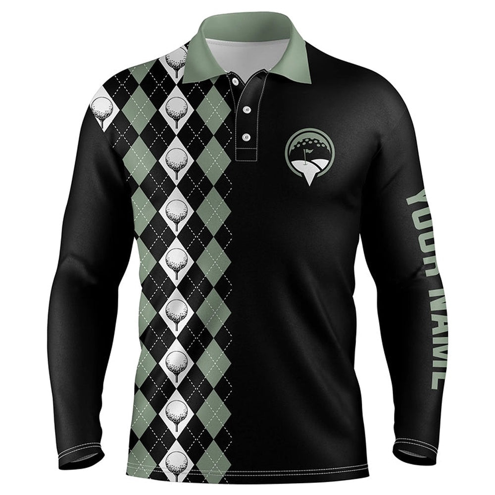 Golf Polo shirts, Green Argyle Pattern Black Mens Golf Polo Shirts Custom Name Golf Tops For Mens
