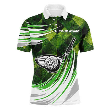 Golf Polo shirts, Green Argyle Pattern Golf Ball Clubs Men Golf Polo Shirts Custom Male Golf Outfits, Gifts For Golfer