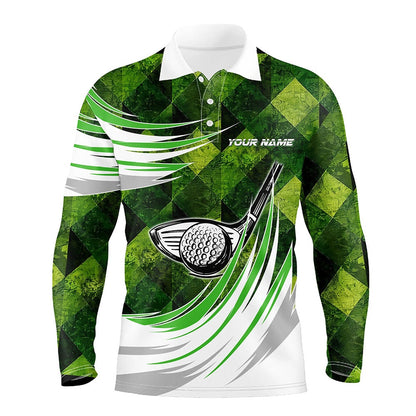 Golf Polo shirts, Green Argyle Pattern Golf Ball Clubs Men Golf Polo Shirts Custom Male Golf Outfits, Gifts For Golfer