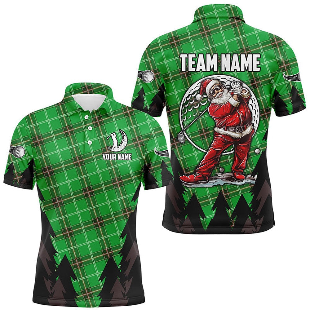 Golf Polo shirts, Green Argyle Pattern Santa Golfer Custom Mens Golf Polo Shirts, Christmas Best Team Golf Shirts
