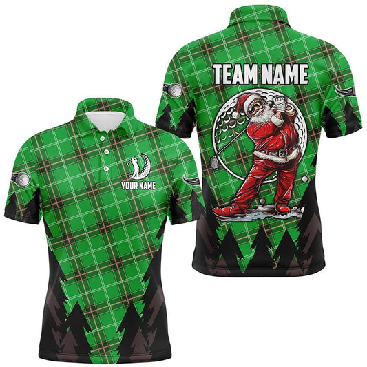 Golf Polo shirts, Green Argyle Pattern Santa Golfer Custom Mens Golf Polo Shirts, Christmas Best Team Golf Shirts