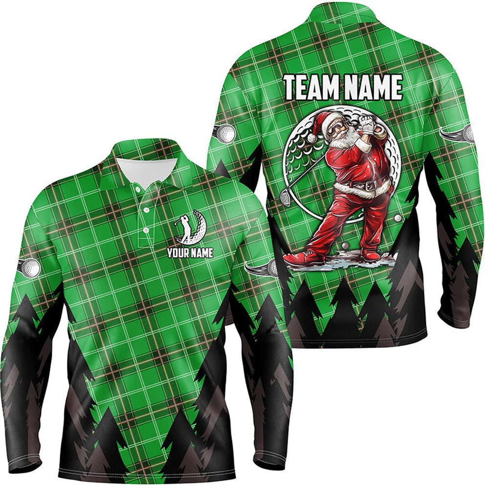 Golf Polo shirts, Green Argyle Pattern Santa Golfer Custom Mens Golf Polo Shirts, Christmas Best Team Golf Shirts