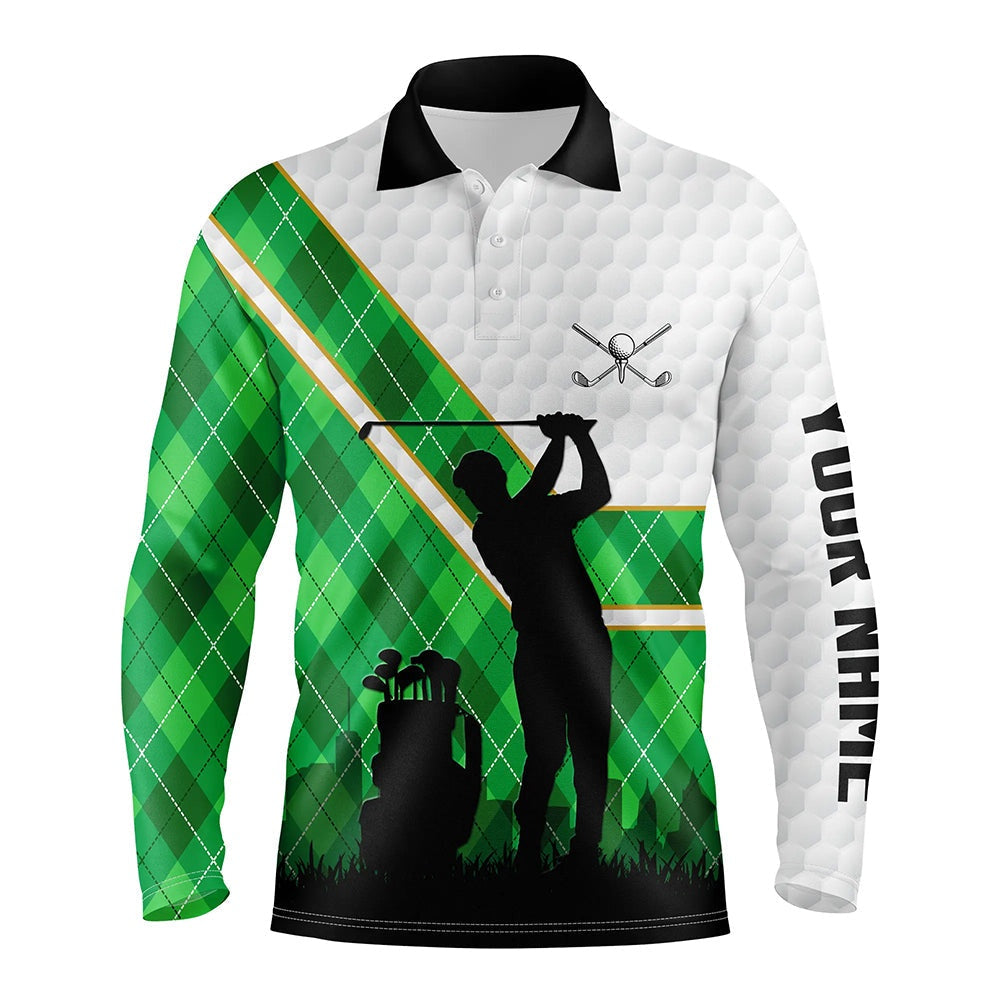 Golf Polo shirts, Green Argyle Pattern White Golf Ball Mens Golf Polo Shirts Custom Golfing Gifts, Best Mens Golf Tops